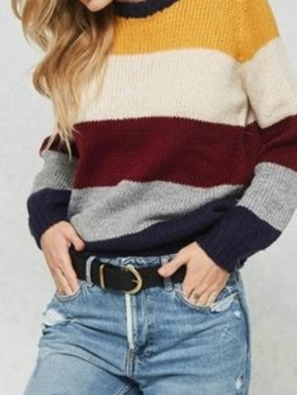 Promesa Colorblock Striped Crewneck Knit Sweater Size M/L Fall Mustard Burgundy